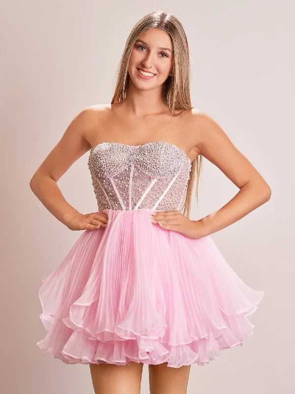 Briena | A-Line Pink Sweetheart Ruffled Short Homecoming Dress