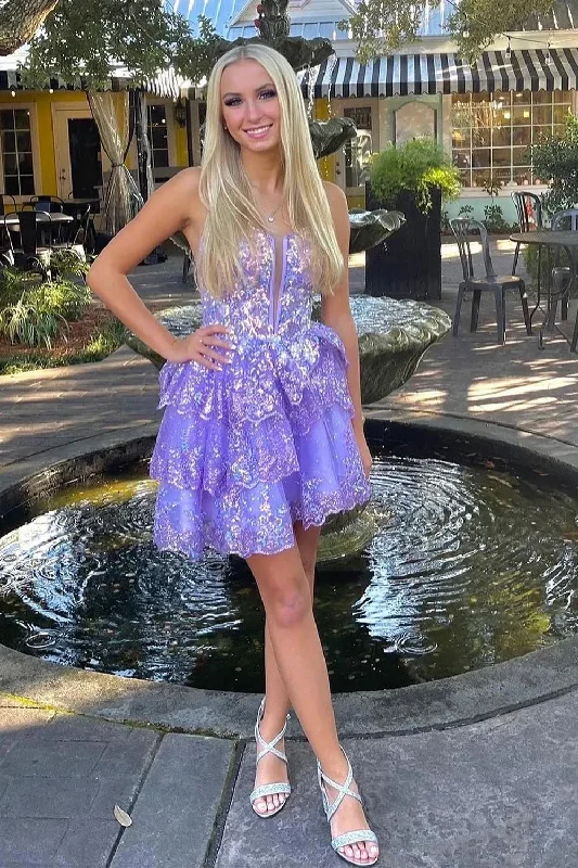 Reneya | Cute A-Line Sweetheart Lilac Sequin Tiered Short Homecoming Dresses