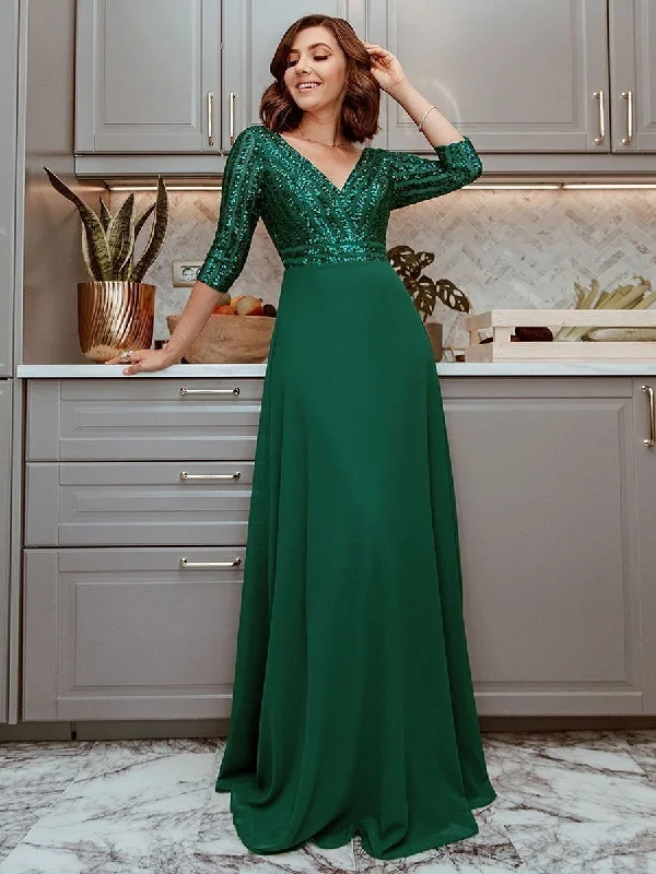 Elegant V Neck Sequin A-Line Evening Gown With 3/4 Sleeves