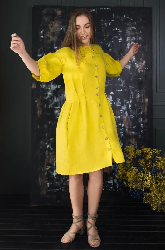 Linen Button Up Dress MONA In Yellow