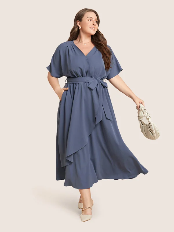 Plain Dolman Sleeve Pocket Belted Surplice Neck Flutter Dress