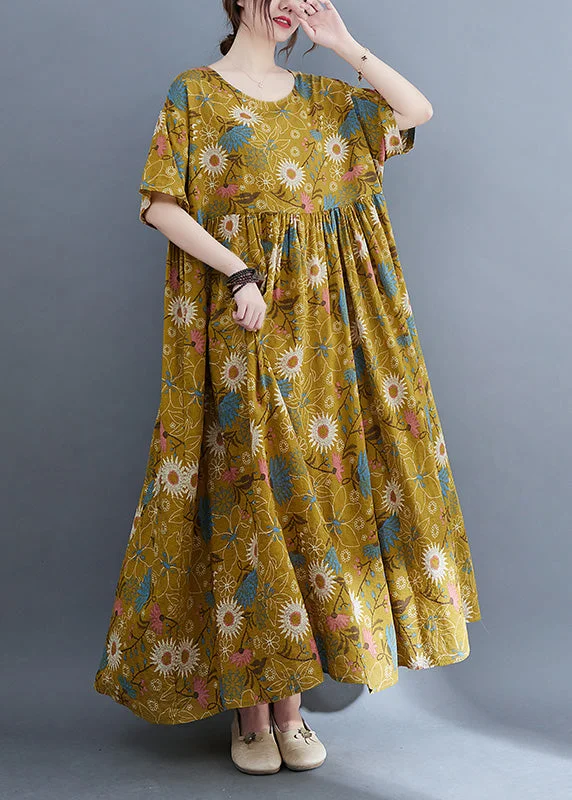Plus Size Yellow Print Wrinkled Holiday Long Dresses Summer Tunics Versatile all-occasion