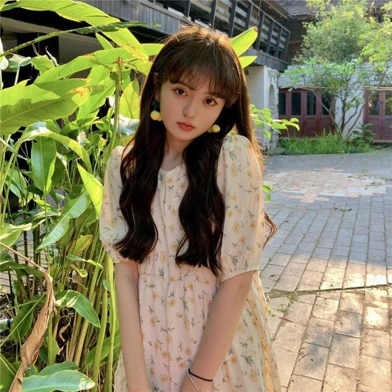 Women's Kawaii Puff Sleeved Ruched Floral Long Dress Tunics Plaid country
