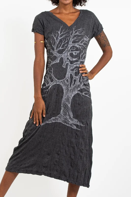 Womens Om Tree V Neck Long Dress in Silver on Black Tunics Bestseller popular