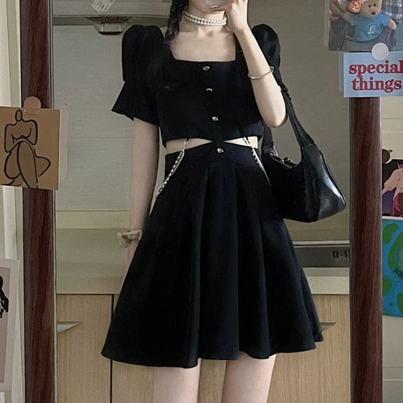 Women's Punk Square Collar Cutout Waist Dress Tunics Long Elegant