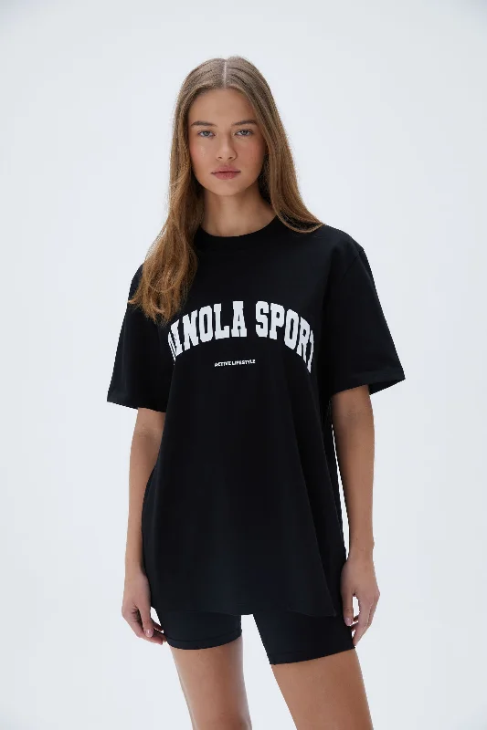 Adanola Sport Short Sleeve Oversized T-Shirt - Black Collared T-Shirt Boat Neck A-Line Adanola Sport Short Sleeve Oversized T-Shirt - Black Collared T-Shirt Boat Neck A-Line