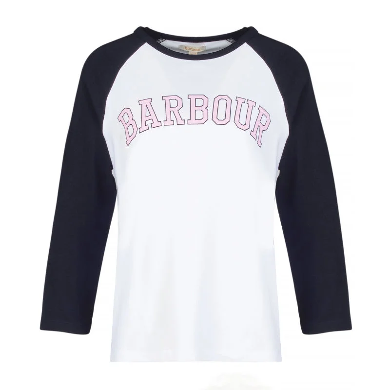 Barbour Northumberland Ladies Long Sleeve T-Shirt - White/Pink Casual Formal Business