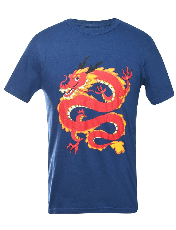 Blue Dragon Printed T-shirt - M Welt Pockets Slit Pockets