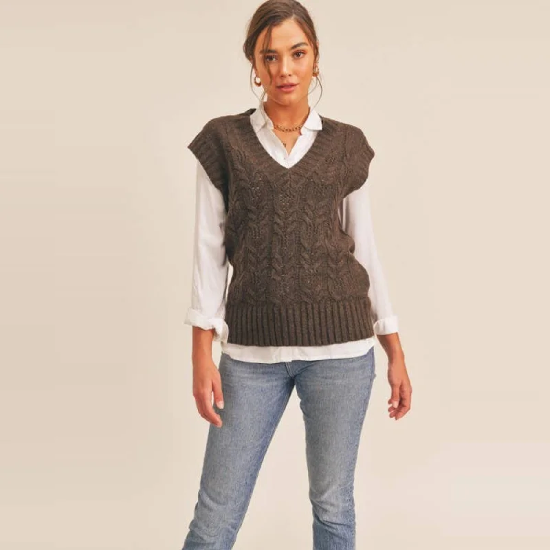 Cable Knit Oversized Sweater Vest (Espresso) Sweater Knitwear Pullover