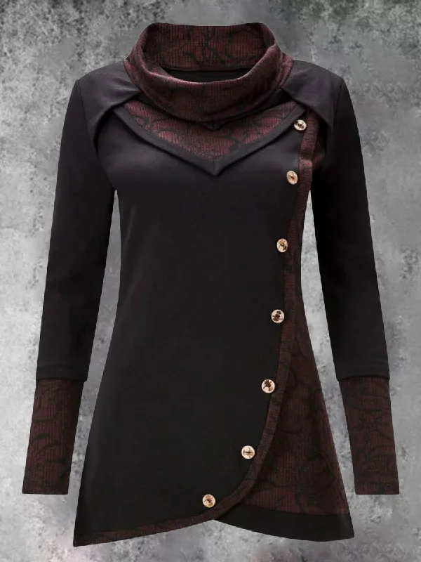 Casual High Collar Printed Pullover Long Sleeve T-shirt Striped Floral Plaid