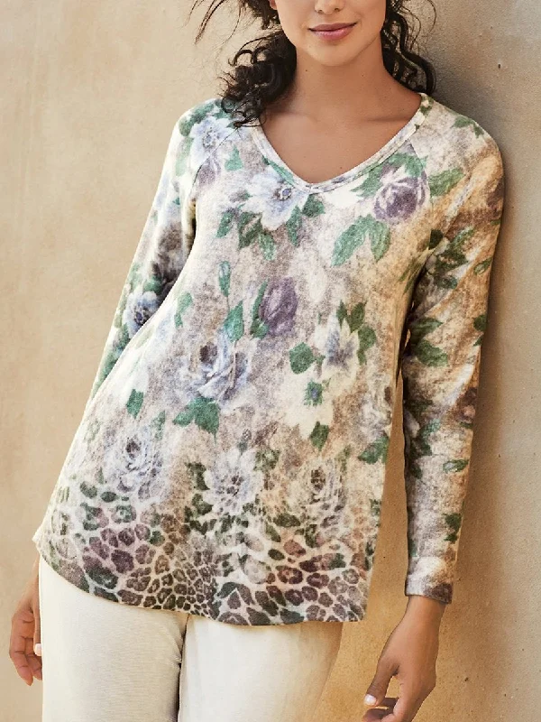 Casual Vintage V-Neck Floral Long Sleeve T-Shirt Silk Blend Satin Velvet