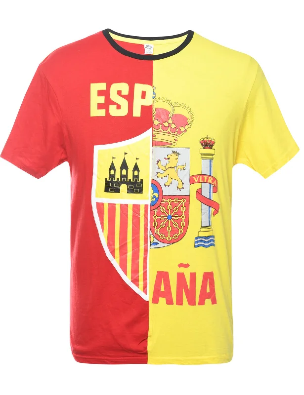 Red & Yellow Contrast Espana  T-Shirt - L Anti-Shrink Durable Soft