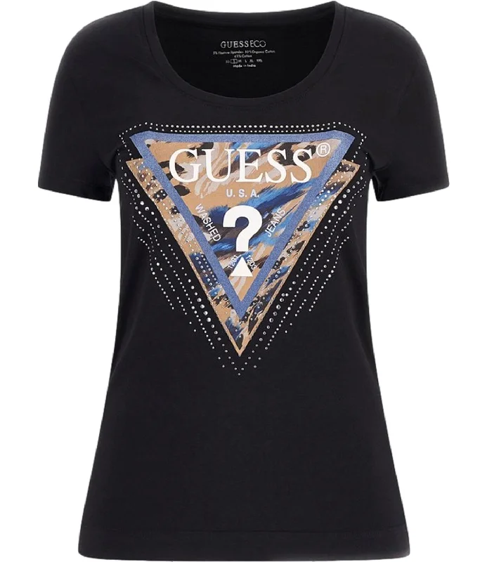 Guess T-shirt Leo Triangle Tee Nero Donna Wool Fabric Cashmere Fabric Tweed Fabric