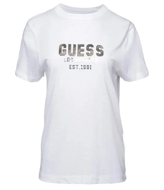 Guess T-shirt Pyramide Studs Tee Bianco Donna Notch Collar Peter Pan Collar Cowl Neck Guess T-shirt Pyramide Studs Tee Bianco Donna Notch Collar Peter Pan Collar Cowl Neck