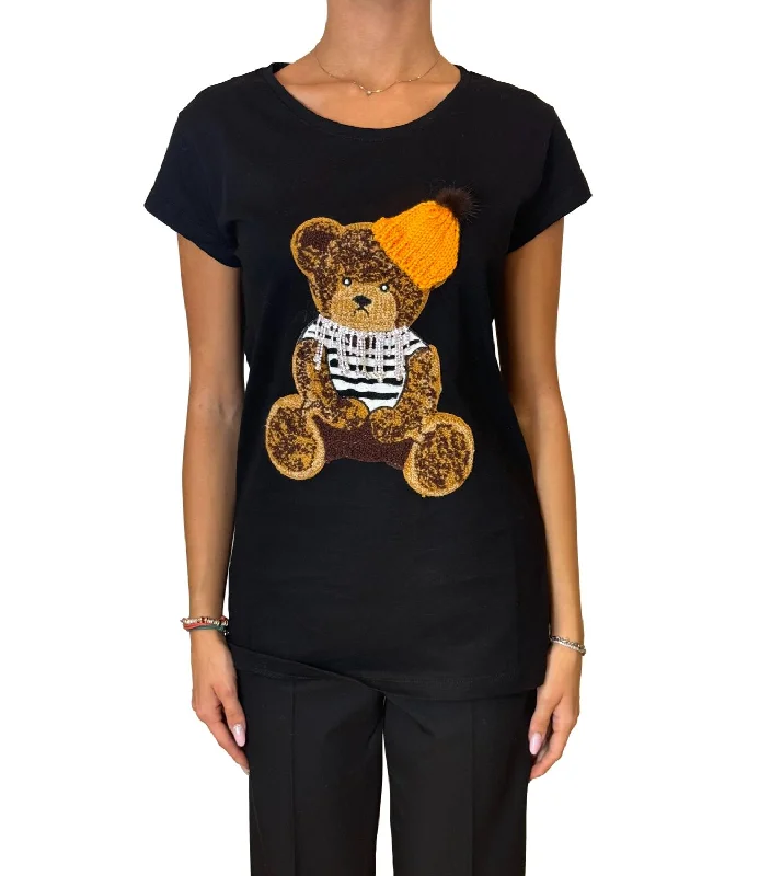 Vicolo t-shirt nera donna Embroidered Appliqued Beaded