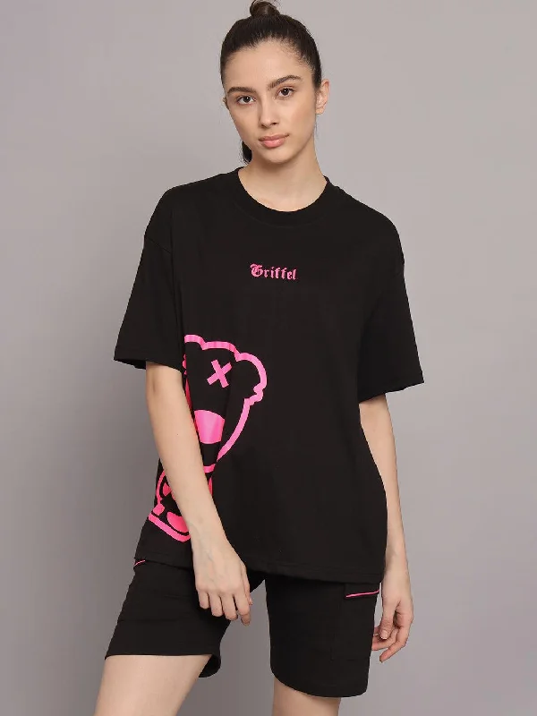 Big Teddy Drop Shoulder Oversized T-shirt Print Jacquard Patchwork
