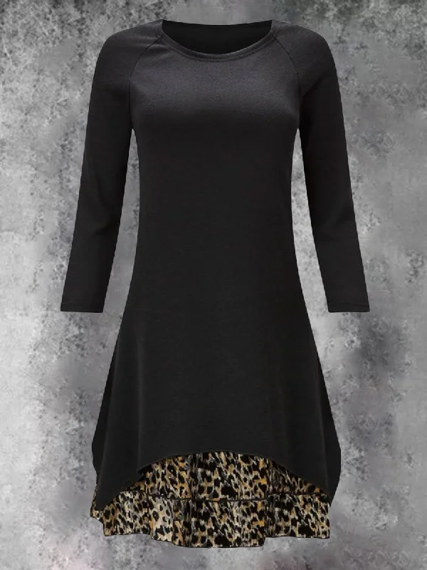 High-necked Leopard Print Stitching Sleeve Long-sleeved Long T-shirt Mesh Blend Leather Blend Suede Blend High-necked Leopard Print Stitching Sleeve Long-sleeved Long T-shirt Mesh Blend Leather Blend Suede Blend