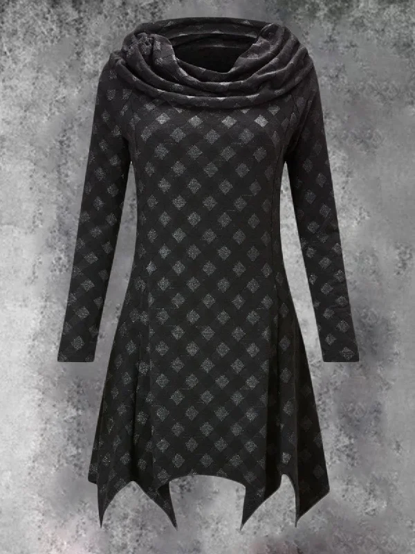 High-neck Plaid Print Head Long Sleeve Long T-shirt Satin Blend Silk Blend Wool Blend High-neck Plaid Print Head Long Sleeve Long T-shirt Satin Blend Silk Blend Wool Blend