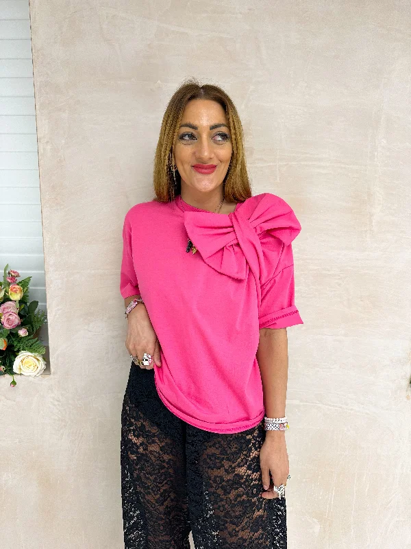 Large Bow Detail T-shirt In Hot PInk Mesh Blend Leather Blend Suede Blend