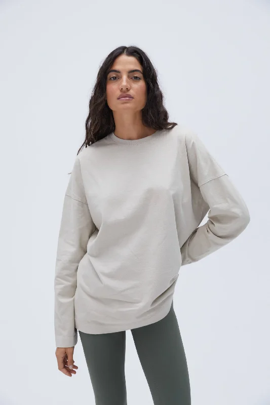 Washed Long Sleeve Drop Shoulder T-shirt - Stone Print Jacquard Patchwork