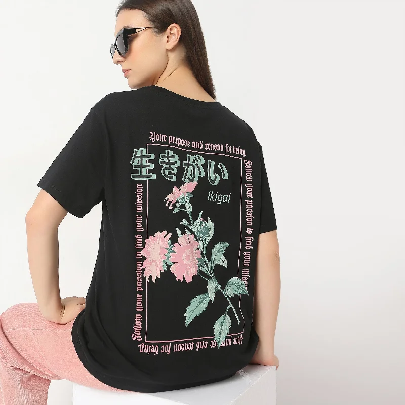 Oversize Graphic T-Shirt V-Neck T-Shirt Long Sleeve Cotton