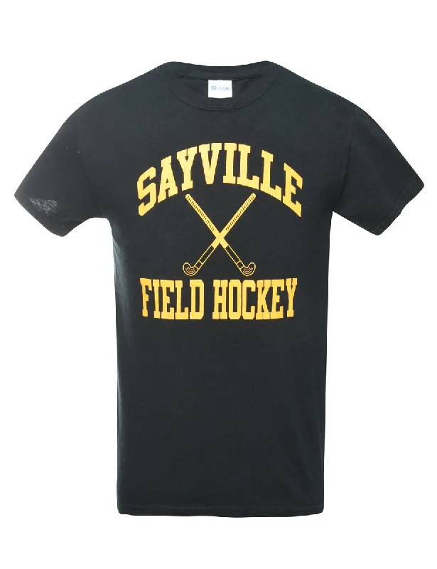 Sayville Field Hockey Black & Yellow Printed T-shirt - S Asymmetrical Pockets Print