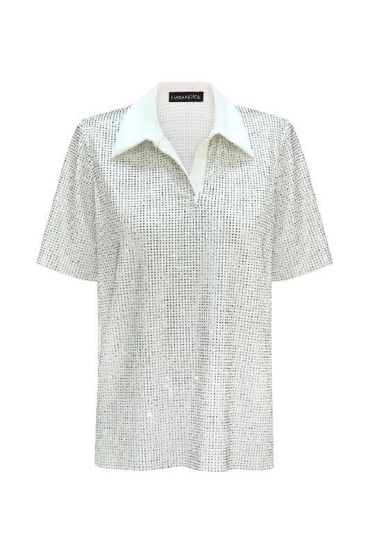 Polo T-shirt With Crystals Mesh Canvas Denim