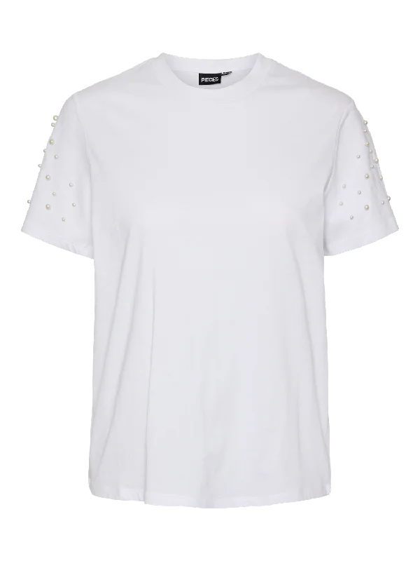 PCRINE T-Shirt - Bright White Solid Color Striped Floral