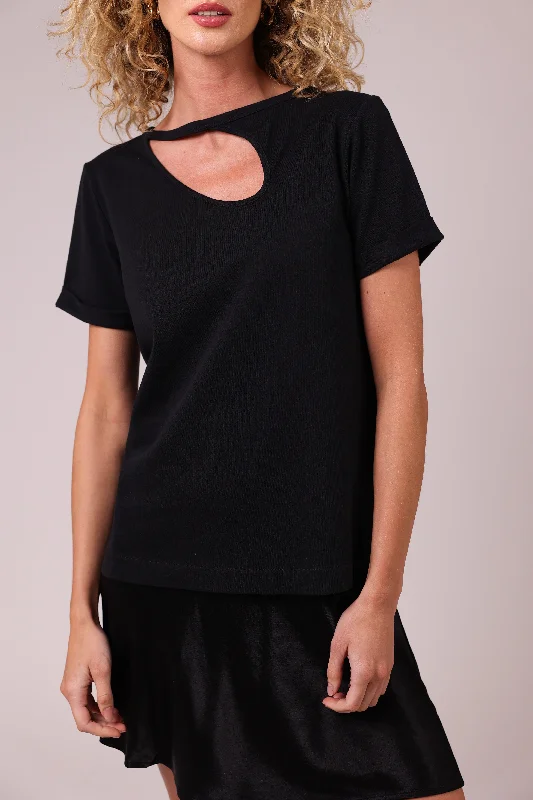 "The Stefanie"- Boyfriend Cut Out Detail T-shirt (Black) Spandex Blend Rayon Blend Denim Blend "The Stefanie"- Boyfriend Cut Out Detail T-shirt (Black) Spandex Blend Rayon Blend Denim Blend