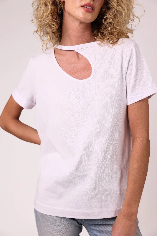 "The Stefanie"- Boyfriend Cut Out Detail T-shirt (White) Welt Pockets Slit Pockets