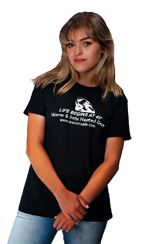 Warm & Safe Life Begins at 45 degrees Women's T-Shirt Zippered Front Buttoned Front Snap Front Warm & Safe Life Begins at 45 degrees Women's T-Shirt Zippered Front Buttoned Front Snap Front