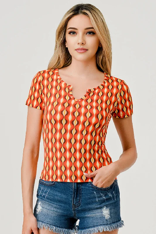 Wholesale Womens Rib Knit T-Shirt Tops With Henley V-Neck - Orange Geometric Houndstooth Herringbone Solid