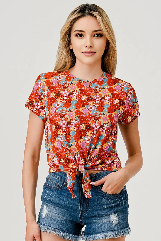 Wholesale Womens Rib Knit T-Shirt Tops With Knot Front Tie - Orange Floral Print Jacquard Patchwork Wholesale Womens Rib Knit T-Shirt Tops With Knot Front Tie - Orange Floral Print Jacquard Patchwork