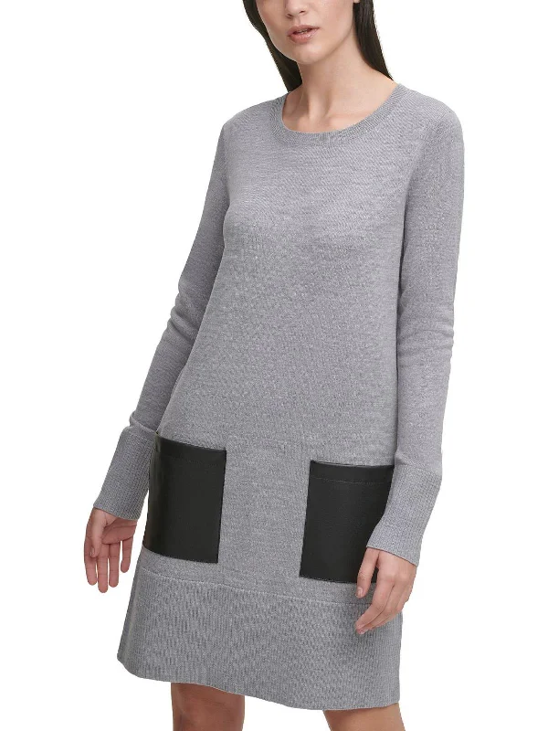Womens Faux Leather Trim Mini Sweaterdress Modern Contemporary Chic