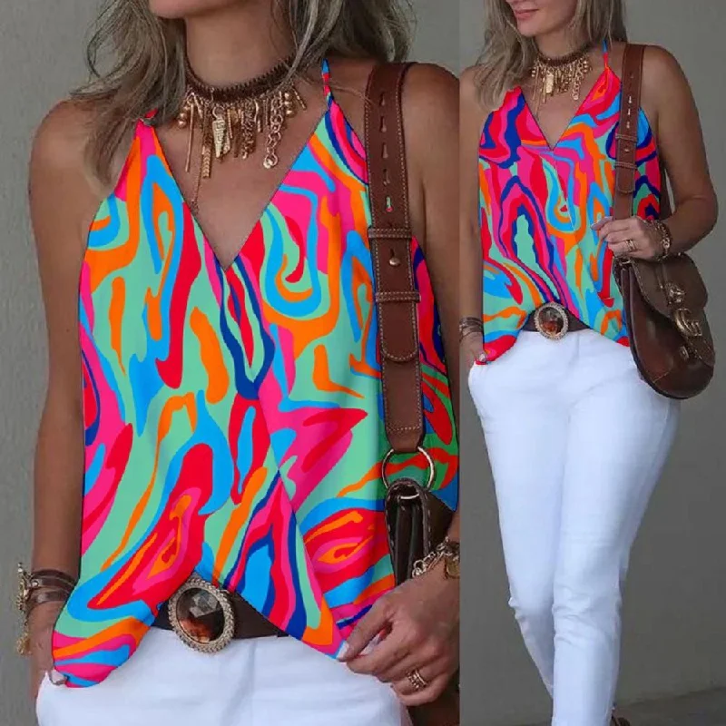 Abstract Print Halter Sleeveless Wrap Tank Top scoop neck tank