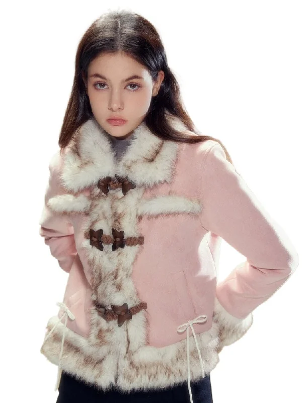 Pink Suede Butterfly Horn Button Shearling Coat Sporty Zip-Up Jacket