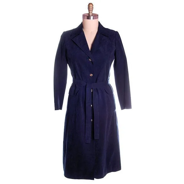 Vintage Womens Navy Blue Ultrasuede Coat Rosenblums  1970s Medium Luxe Satin Long Coat