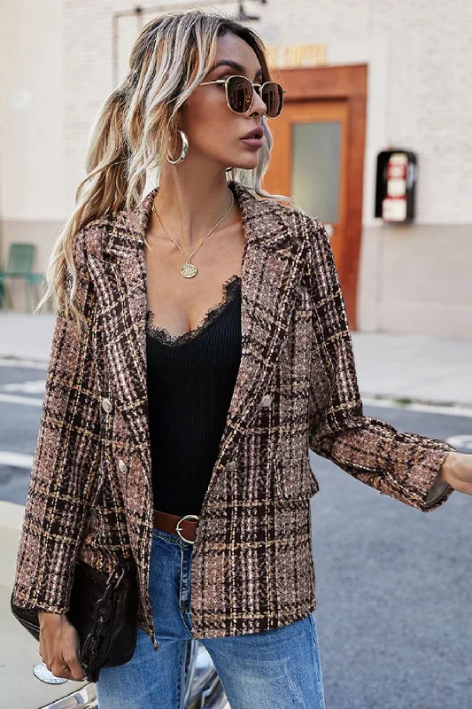 Full Size Plaid Buttoned Blazer Women's Classic Blazer