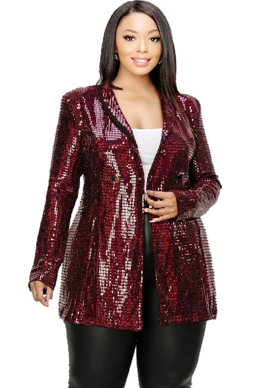 Plus Disco Metallic Sequins Double Breasted Blazer Women's Premium Blazer