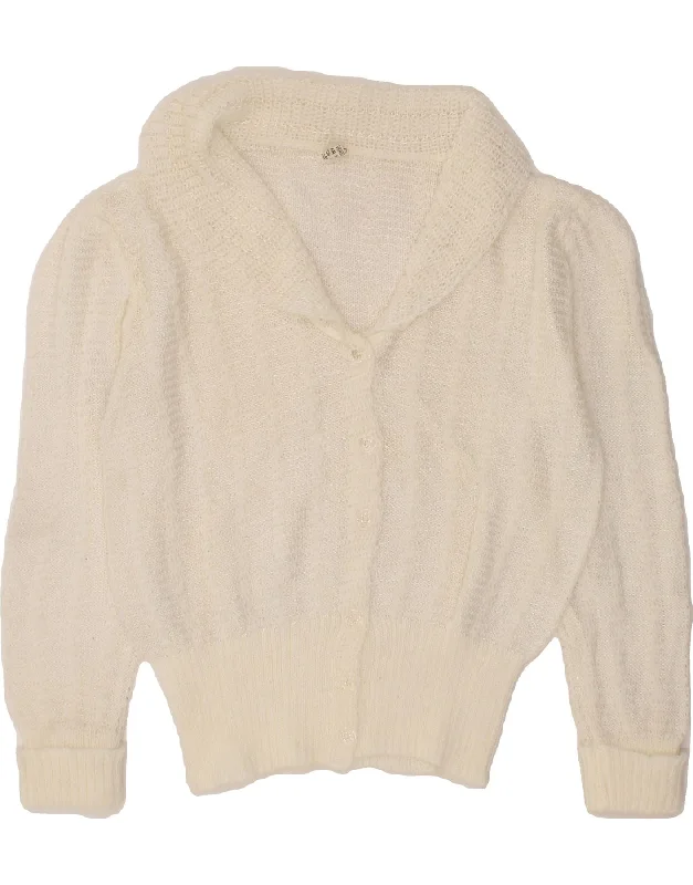 VINTAGE Womens 3/4 Sleeve Cardigan Sweater UK 14 Medium White Virgin Wool Open Front Closed Front Wrap Front