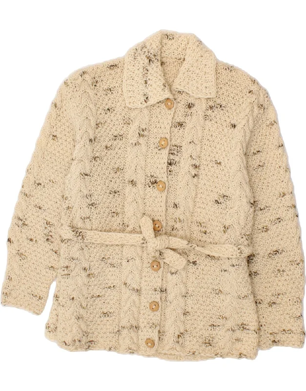 VINTAGE Womens Cardigan Sweater UK 12 Medium Beige Flecked Handmade Hand-knitted Hand-woven