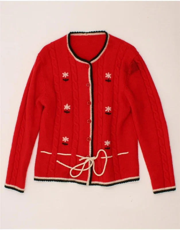 VINTAGE Womens Cardigan Sweater UK 12 Medium Red Floral New Wool Lace Blend Ribbed Blend Corduroy Blend