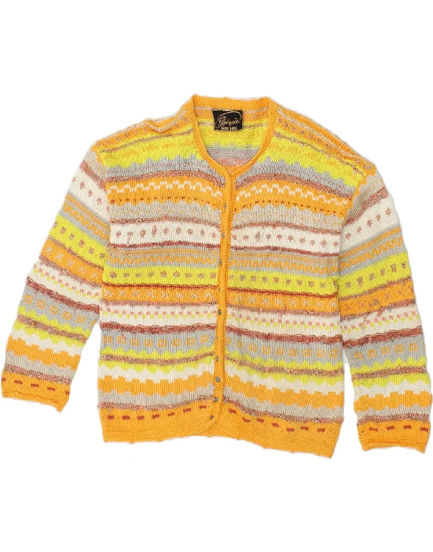 VINTAGE Womens Cardigan Sweater UK 14 Large Yellow Striped Welt Pockets Slit Pockets Flap Pockets