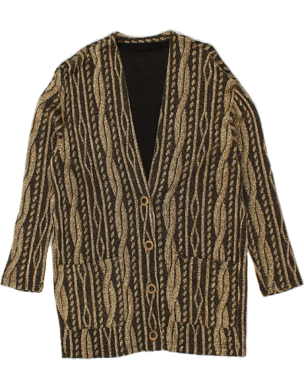 VINTAGE Womens Longline Cardigan Sweater UK 14 Medium Gold Striped Glossy Satin Silk