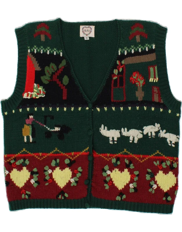 VINTAGE Womens Sleeveless Cardigan Sweater UK 14 Medium Green Animal Print Fleece Cardigan Nylon Polyester